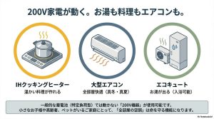 IHクッキングヒーター、大型エアコン、エコキュートなど全負荷型で使える200V機器の紹介