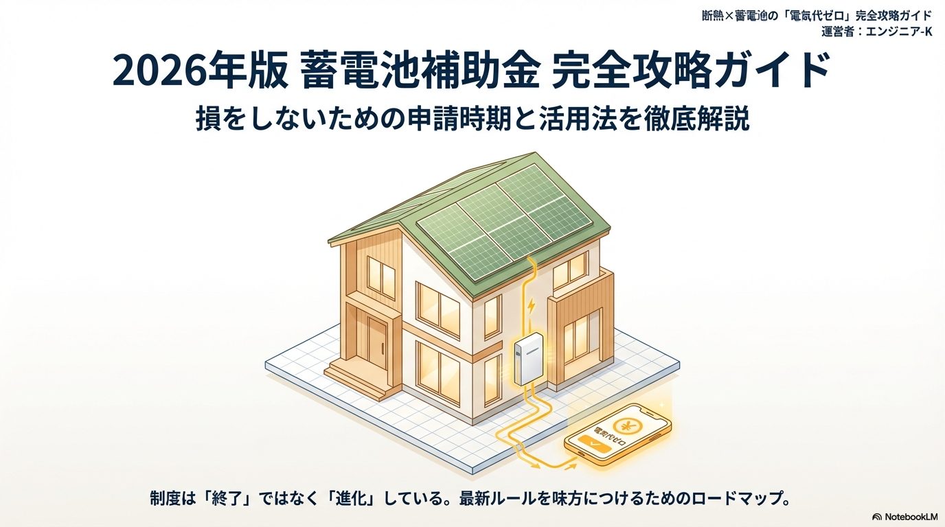 2026年度の蓄電池補助金を完全攻略するためのロードマップ。損をしない申請時期と活用法を解説するスライドの表紙。