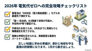 蓄電池導入を成功させるための4つのチェック項目。DR対応、併用確認、スケジュール、業者選びの要約。