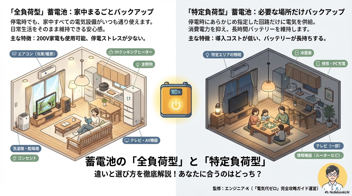 全負荷型と特定負荷型の蓄電池による停電時の生活の違いを比較したイラスト資料