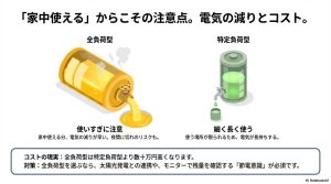 全負荷型の電気の減りとコストの現実、特定負荷型の長持ちするメリットを比較した図