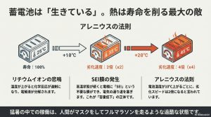 アレニウスの法則：温度が10度上がると劣化速度が2倍になる解説図