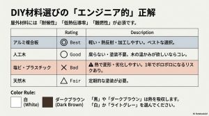 蓄電池カバー自作時の材料（アルミ複合板、人工木、塩ビ、天然木）の評価表と推奨カラーの解説