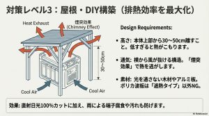 蓄電池の上に屋根を自作し、隙間から熱を逃がす煙突効果（Chimney Effect）の解説図