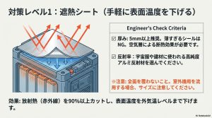 蓄電池天面に遮熱シートを貼るイメージ図とエンジニアのチェック基準（厚み5mm以上推奨）