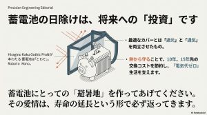 最適なカバーによる遮光と通気の両立が10年15年先の交換コスト節約に繋がることを示す投資イメージ図
