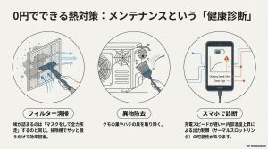 フィルター清掃、異物除去、スマホ診断の3ステップで構成された蓄電池の0円熱対策メンテナンス解説図