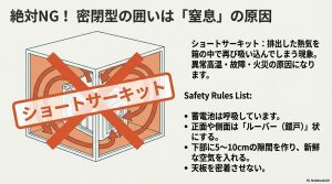 密閉型の囲いによるショートサーキット現象の解説。熱気を再び吸い込むことによる異常高温のリスク図