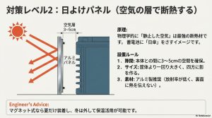 蓄電池本体とアルミパネルの間に3〜5cmの空気層を設けて断熱する原理の解説図