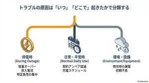 蓄電池のトラブル原因を、停電時（容量オーバー）、日常時（契約アンペア超過）、環境・設備（漏電・初期不良）の3つに分類したフローチャート。