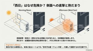午前・正午と午後の西日の違い。側面の吸気口に直撃する西日の危険性を解説した図