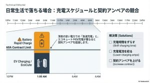 深夜1時にEV充電やエコキュートと蓄電池の急速充電が重なり、契約上限（60A）を超える様子と、その解決策（時間をずらす等）を示したグラフ。