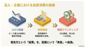企業の電気代削減、即時償却などの税制優遇、ESG経営やRE100への対応といった環境ブランディングの3大メリットを解説。