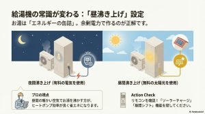 夜間の有料電気ではなく、昼間の無料の太陽光でお湯を沸かす仕組みと、ヒートポンプの効率向上を解説するイラスト。