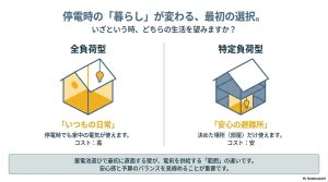 蓄電池選びの最初の壁である供給範囲の違いとコストの関係を説明した図解