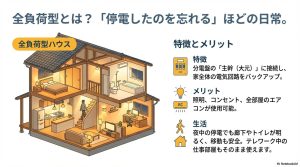 分電盤の主幹に接続し家全体の電気をバックアップする全負荷型ハウスのイラスト