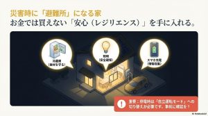停電時に冷蔵庫、照明、スマホ充電を確保できるレジリエンスの図解と、自立運転モードへの切り替えを促す注意書き。