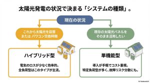 太陽光発電の設置状況に合わせたハイブリッド型と単機能型の選び方チャート