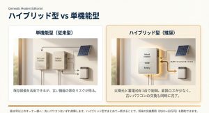 従来型の単機能型と推奨のハイブリッド型の構成を比較し、変換ロスの少なさや交換コストの節約を説明したスライドです。