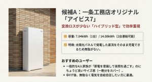 一条工務店オリジナル蓄電池「アイビス7」の外観と、容量7.04kWh、ハイブリッド型などの特徴をまとめたスライド