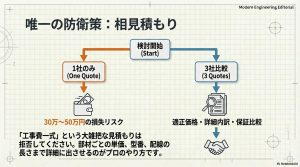 1社のみの見積もりでは30〜50万円の損失リスクがある一方、3社比較することで適正価格や詳細内訳を確認できることを示した比較図。