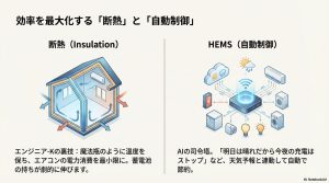 魔法瓶のような断熱の家と、AIが天気予報と連動して自動で家電を制御するHEMSの司令塔としての役割を示すイラスト。