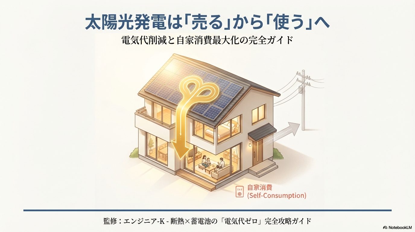 太陽光パネルを設置した住宅で、発電した電気を家の中で循環させる自家消費のイメージイラスト。