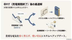 卒FIT後の売電単価下落対策として、パワコンをハイブリッド蓄電池へ交換し、給湯機をソーラーチャージ対応へ更新するロードマップ。