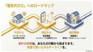 今日から始めるソーラーシフト、明日からのエコキュート設定確認、そして蓄電池・V2H検討へと続くエネルギーライフのロードマップ。