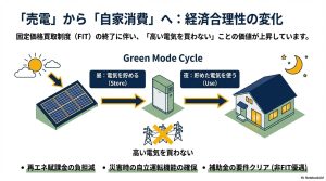 昼に太陽光で貯めて夜に使うGreen Mode Cycleの解説。再エネ賦課金負担減や災害時の自立運転確保。
