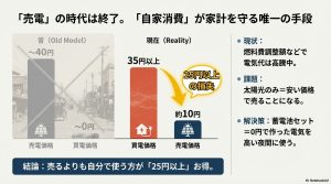 2026年の電気代高騰と売電価格下落を示す比較グラフ