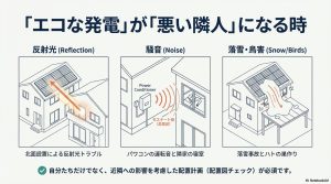 太陽光パネルの反射光トラブル、パワコンの騒音、落雪や鳥害などの代表的な近隣トラブル事例のイラスト。