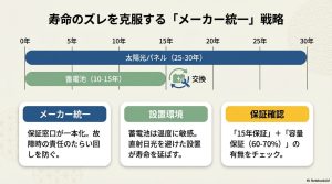 30年のパネル寿命と15年の蓄電池寿命、保証一本化の図解