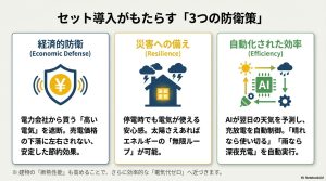 経済的防衛・災害への備え・自動化された効率の解説図