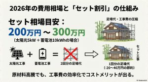 足場代の節約とセット割引の仕組みを示す図解