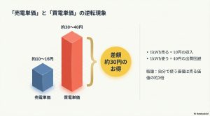 売電単価10〜16円に対し買電単価30〜40円の差額が30円お得であることを示す棒グラフ。