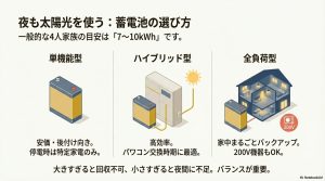 単機能型、ハイブリッド型、全負荷型の3種類の蓄電池の仕組みとメリット、一般的な4人家族の目安容量（7〜10kWh）の解説。