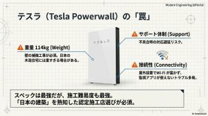 テスラ・パワーウォールの製品画像とともに、114kgの重量、サポート体制、Wi-Fi接続性の注意点をまとめた図解。