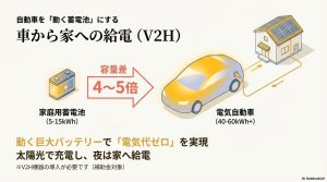家庭用蓄電池と電気自動車の容量が4〜5倍違うことを示し、太陽光でEVを充電して夜間に家に給電するV2Hの仕組み図。