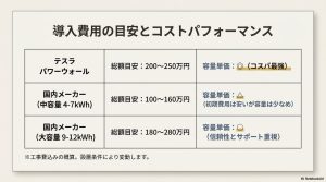 テスラパワーウォールと国内メーカー（中容量・大容量）の導入費用総額および容量単価の比較表。