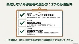 スウェーデンハウス施工実績、独自の施工保証、気密処理への理解をチェックする項目リスト。