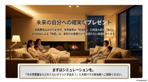 エリーパワー蓄電池を導入したダイワハウスで、家族が安心して暮らすイメージ。