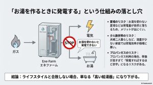 夏場や少人数世帯、プロパンガス利用時に発電効率が悪化し「高い給湯器」になるリスクの解説図