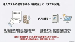 国の補助金活用と太陽光発電を組み合わせたダブル発電の仕組みと注意点の解説図