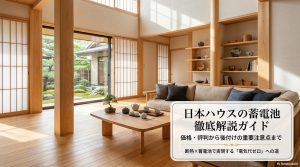 日本ハウスの檜の家のリビングイメージと蓄電池徹底解説ガイドのタイトル