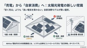 屋根の向きや勾配など発電効率を最大化する条件の図解