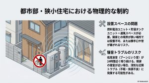 設置スペースの不足と隣家への騒音・低周波音トラブルのリスクを視覚化したイラスト