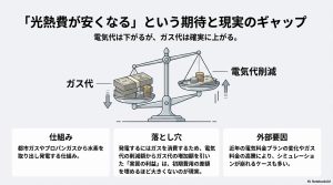 電気代は下がるがガス代が上がる天秤の図と、実質の利益が少ないことを示す解説図