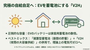 太陽光発電、自宅、電気自動車（EV）を繋ぎ、昼間の貯蓄と夜間の供給を最適化するV2Hの概念図。