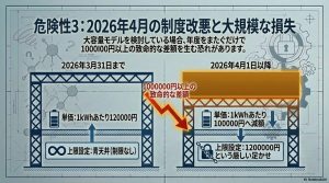 2026年3月末までの「上限なし・単価12万」と4月以降の「上限120万・単価10万」の差額を示す図解